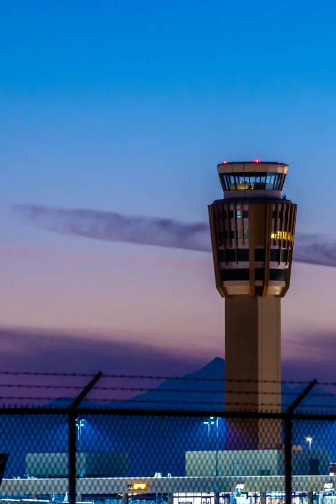 Airport control tower against a clear sky